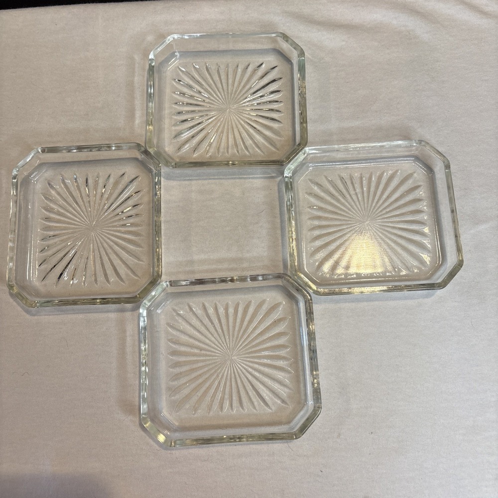 Vintage Clear Starburst Pressed-Glass 4-Piece Square Relish Trinket Dishes